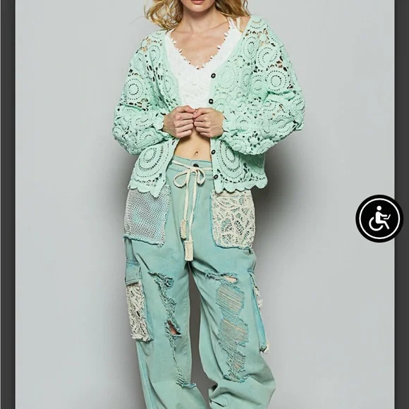 POL Dusty teal Distressed Cargo Pants with Lace Accents - Picture 4 of 15